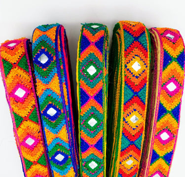 Yellow Cotton Fabric Embroidered Mirrored Trim In Green, Orange & Blue, Bohemian Trim
